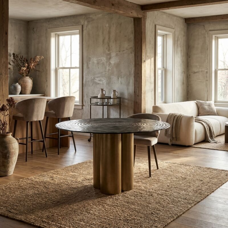 Ronde eettafel Glastonburry gold antique met antiek-gouden uitstraling en handgemaakt ontwerp