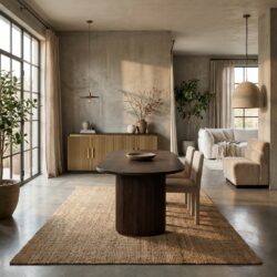 Kingston eettafel bruin, handgemaakt, eikenfineer en ijzer, stijlvolle constructie