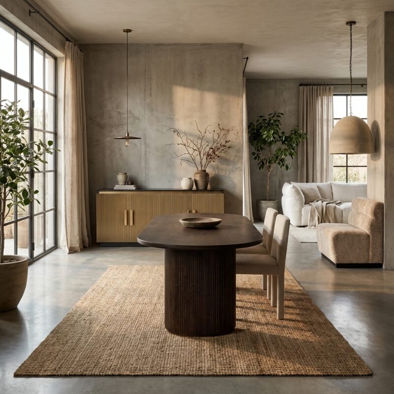 Kingston eettafel bruin, handgemaakt, eikenfineer en ijzer, stijlvolle constructie