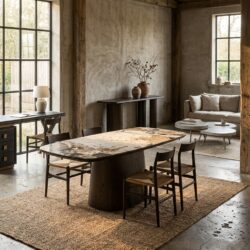 Eettafel Langford brown 200, handgemaakt, ceramic travertine, royale tafelblad