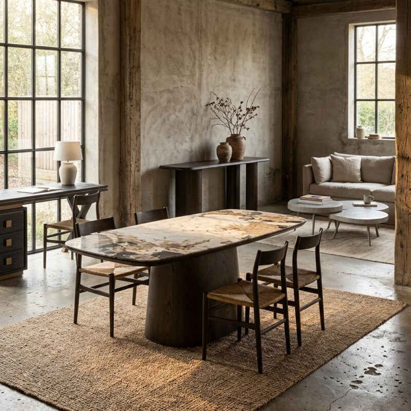 Eettafel Langford brown 200, handgemaakt, ceramic travertine, royale tafelblad