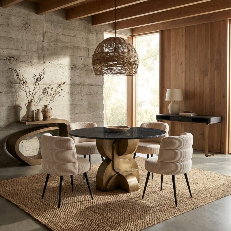 Maddox eettafel met goud en zwart marmeren tafelblad en messing basis