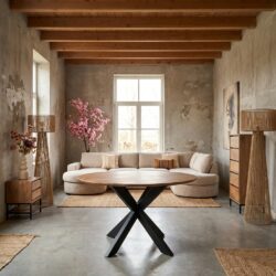 Ronde eettafel Madison Natural met mangohouten tafelblad en zwarte metalen tafelpoten