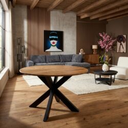 Ronde eettafel Madison Natural met mangohouten tafelblad en zwarte tafelpoten