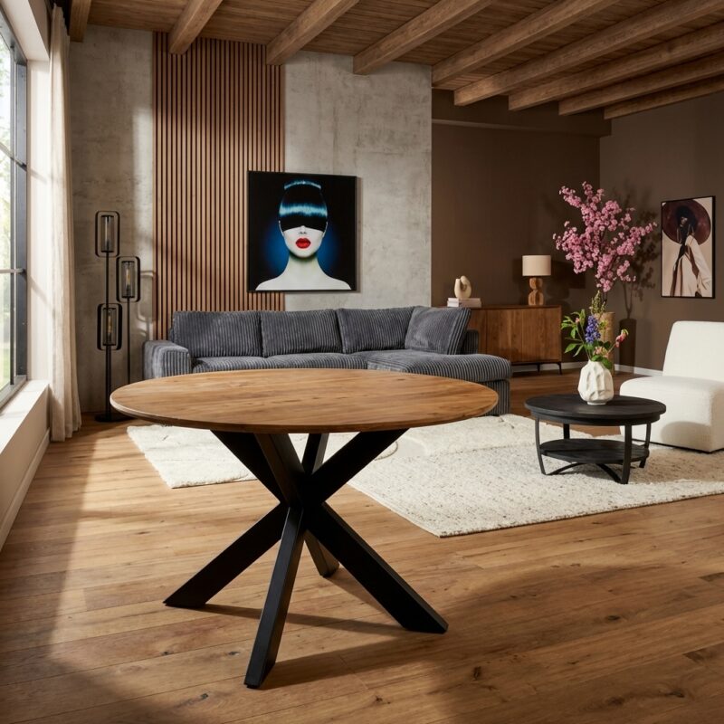 Ronde eettafel Madison Natural met mangohouten tafelblad en zwarte tafelpoten