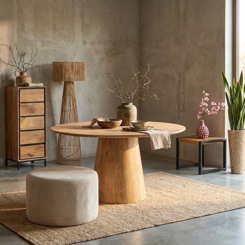 Eettafel Madison Natural, ronde eetkamertafel van mangohout in naturel kleur