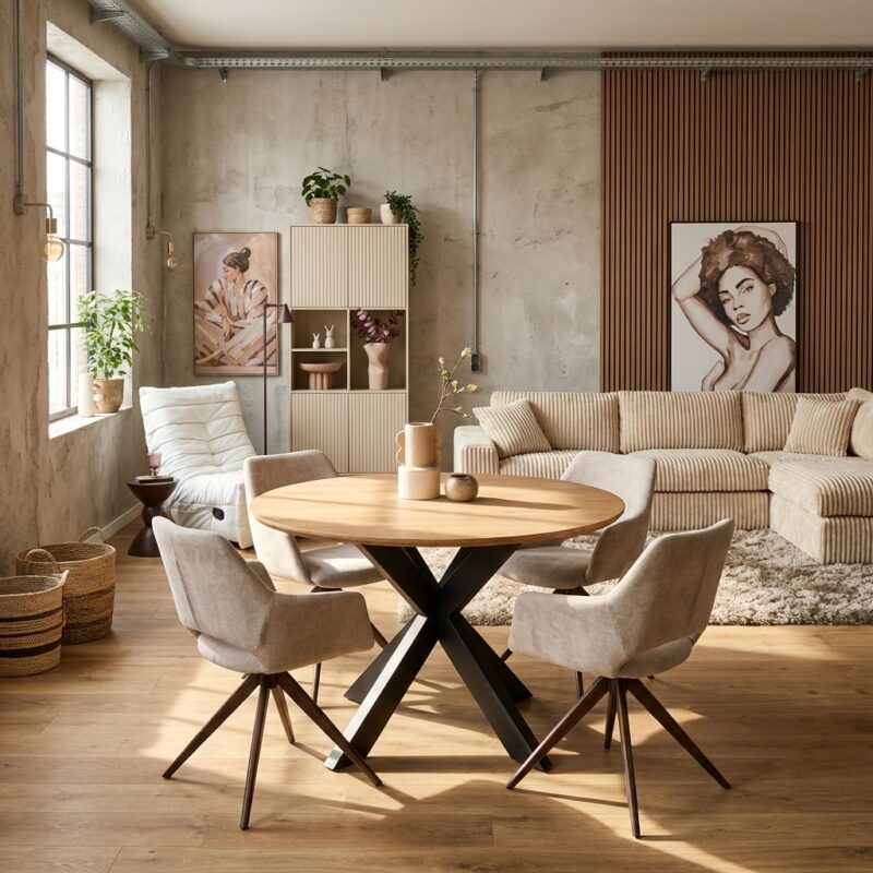 Eettafel Madison Natural, ronde eetkamertafel met mangohouten tafelblad en zwarte metalen tafelpoot