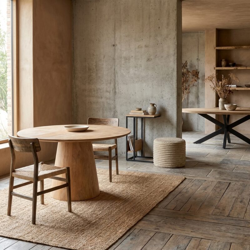 Eettafel Madison Natural, ronde eetkamertafel, mangohout, naturel kleur, moderne stijl