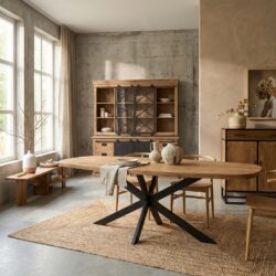 Eettafel Madison Natural, Deens ovaal, mangohout, zwarte metalen poot, moderne eetkamertafel