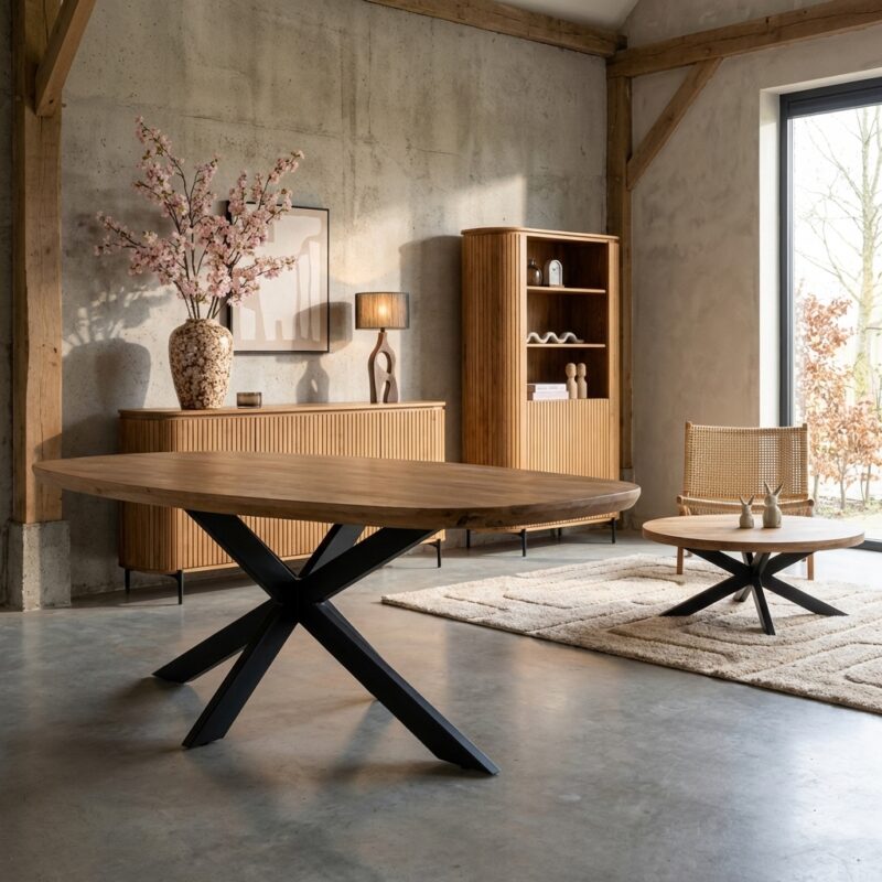 Eettafel Madison Natural, Deens ovaal, mangohout, naturel kleur, stijlvol