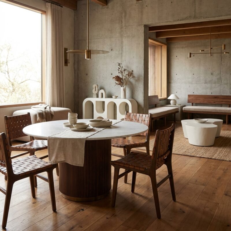 Eettafel Mayfield brown 140Ø, hout, marmer, metaal, luxe, tijdloos ontwerp