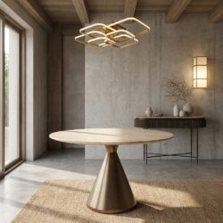 Ronde eettafel Montgommery beige met bronzen voet en faux marmeren tafelblad