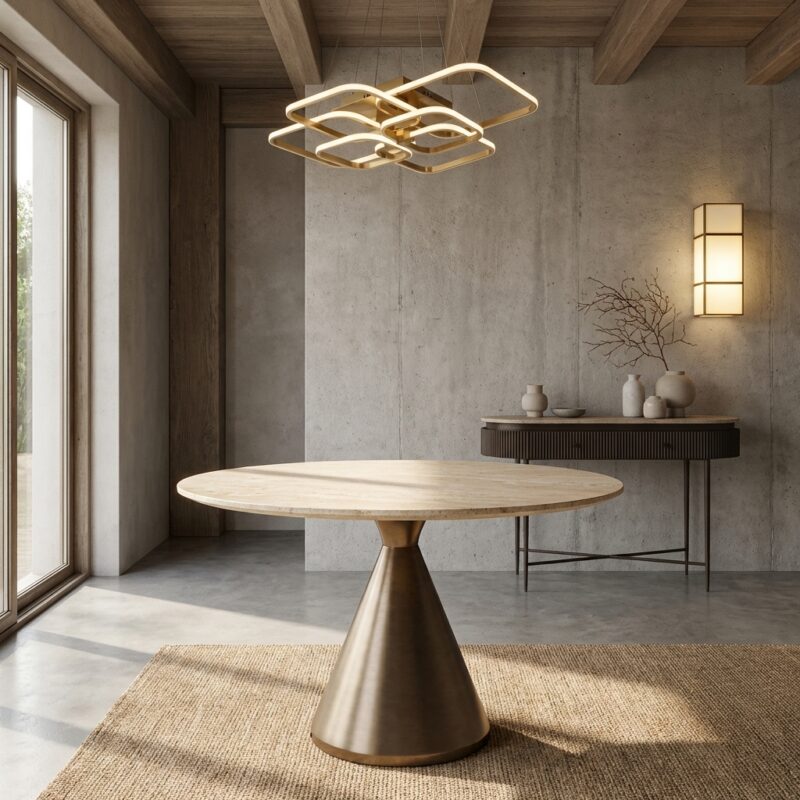 Ronde eettafel Montgommery beige met bronzen voet en faux marmeren tafelblad