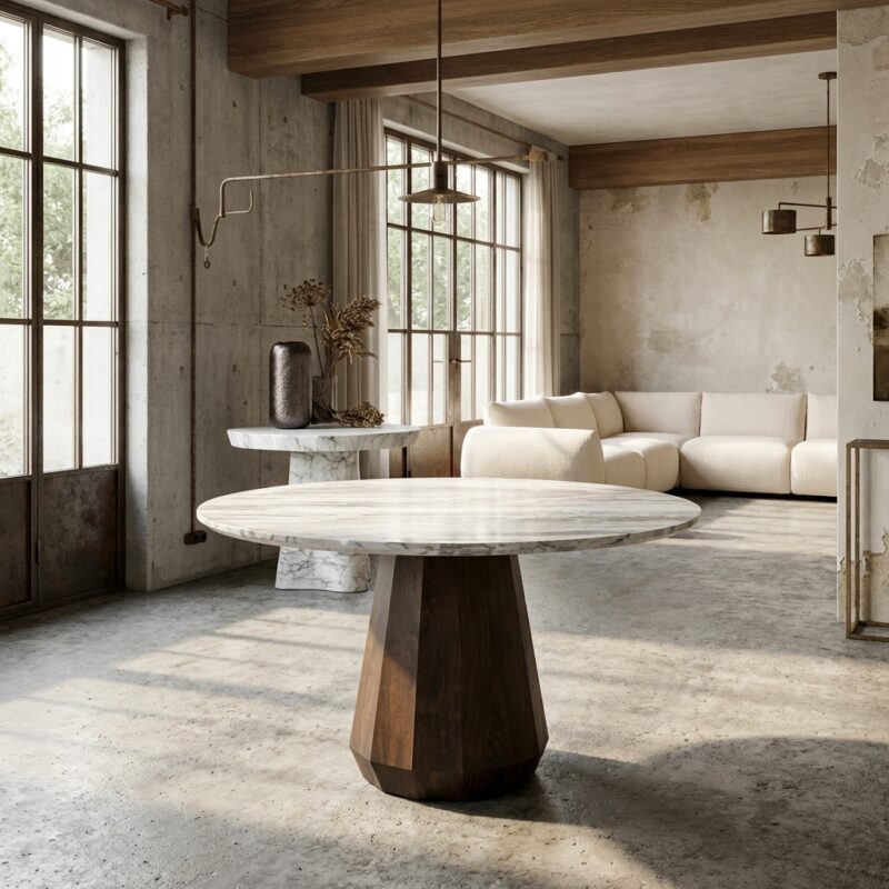 Eettafel Oberoy Blush beige 130 cm, Toronto marmer en mangohout