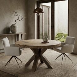 Ronde eettafel suarhout 8cm massief met spinvoet