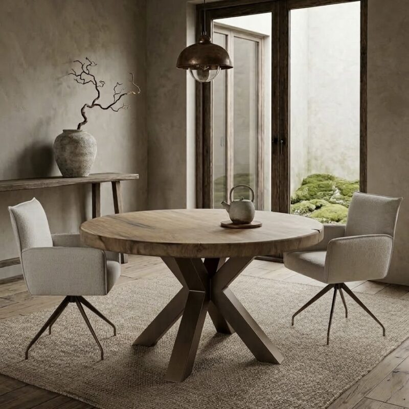 Ronde eettafel suarhout 8cm massief met spinvoet