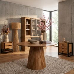 Eettafel Solana, ronde eetkamertafel, mangohout, naturel kleur