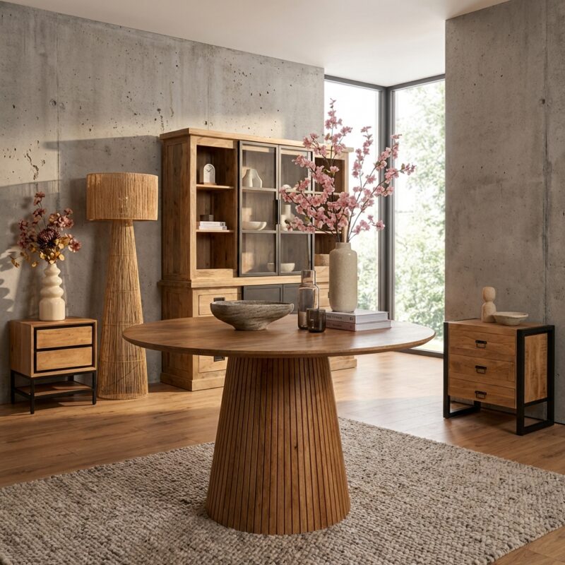 Eettafel Solana, ronde eetkamertafel, mangohout, naturel kleur