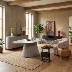 Eettafel Solana, ovale eettafel in taupe finish, mangohout