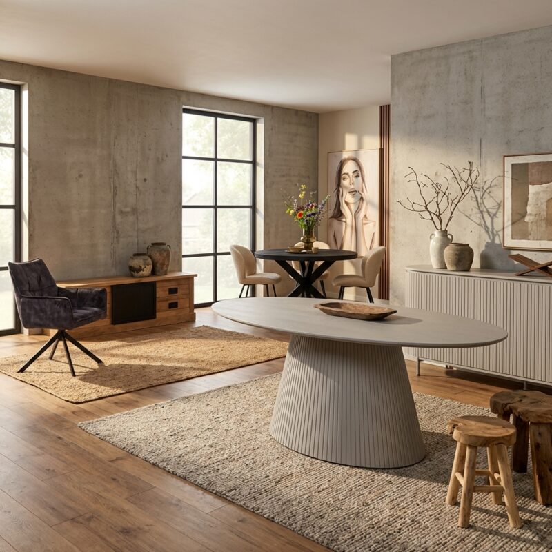 Eettafel Solana, ovale eetkamertafel in taupe finish, mangohout