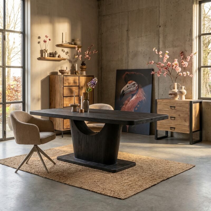 Eettafel Voco, rechthoekig, zwarte lak, mangohout, stijlvol