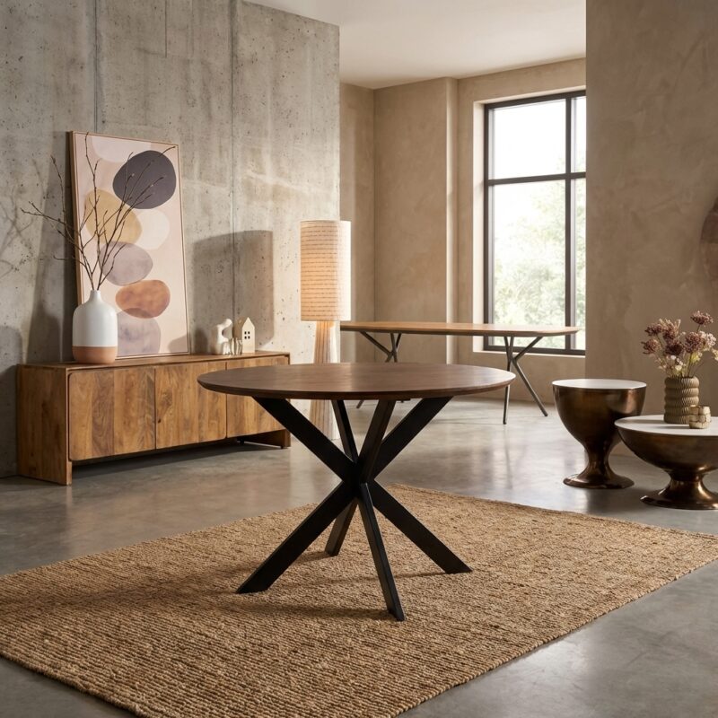 Eiken eettafel Ferris, ronde eettafel in brown, massief eikenhout en stalen frame