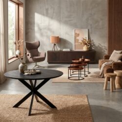 Eiken eettafel Ferris, rond 110 cm, zwart, massief tafelblad en stalen frame