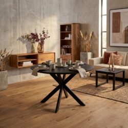 Eiken eettafel Ferris, rond 150 cm, zwart, massief tafelblad