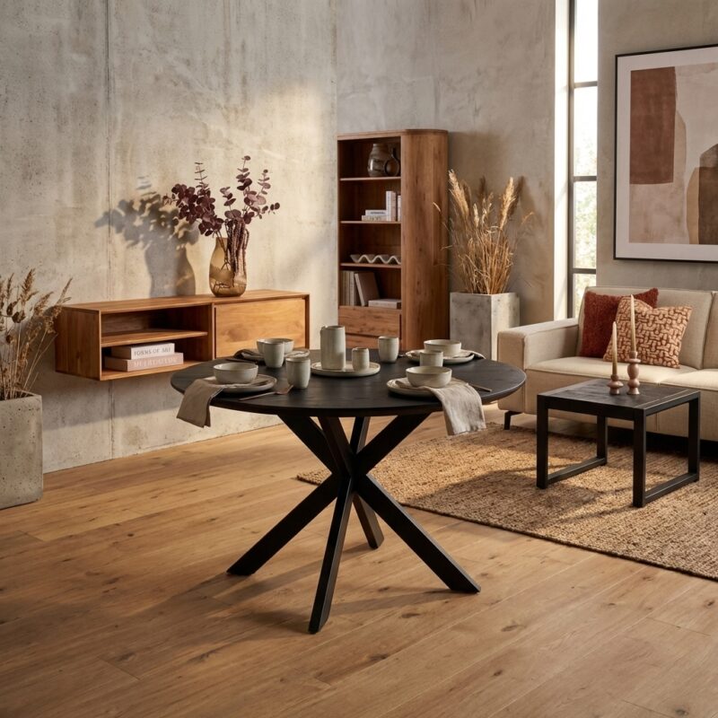 Eiken eettafel Ferris, rond 150 cm, zwart, massief tafelblad