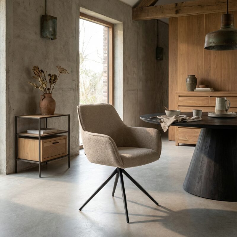 Fondo armstoel met armleuning in bruin leer, landelijk modern stijl