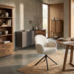 Imola armstoel met armleuning in witte Ascot 1 stof, Japandi stijl