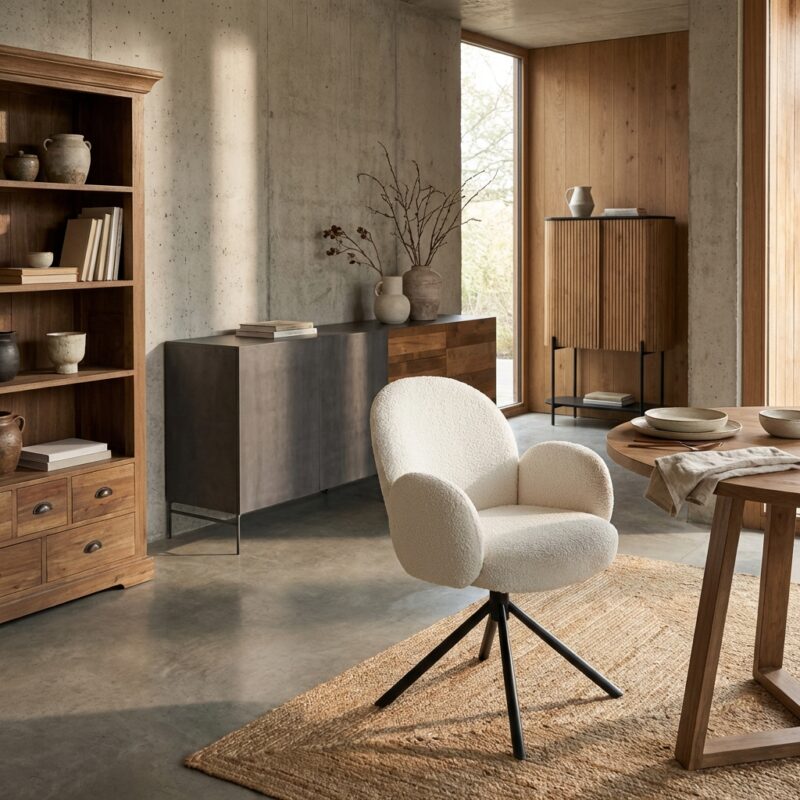 Imola armstoel met armleuning in witte Ascot 1 stof, Japandi stijl