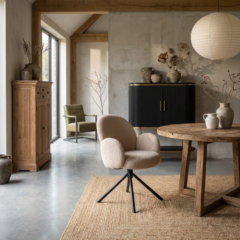 Imola armstoel in beige met Ascot 12 stof en zwarte coating, Japandi stijl