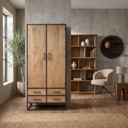 Kabinet Dakota, massief mangohout, lichte finish, twee deuren en vier lades