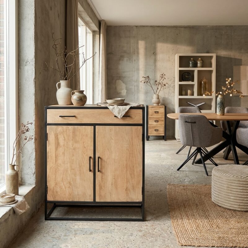 Kabinet kast Dakota, massief mangohout, lichte finish, woonserie