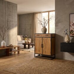 Kabinet kast Denver, massief mangohout, zwarte lak, woonserie