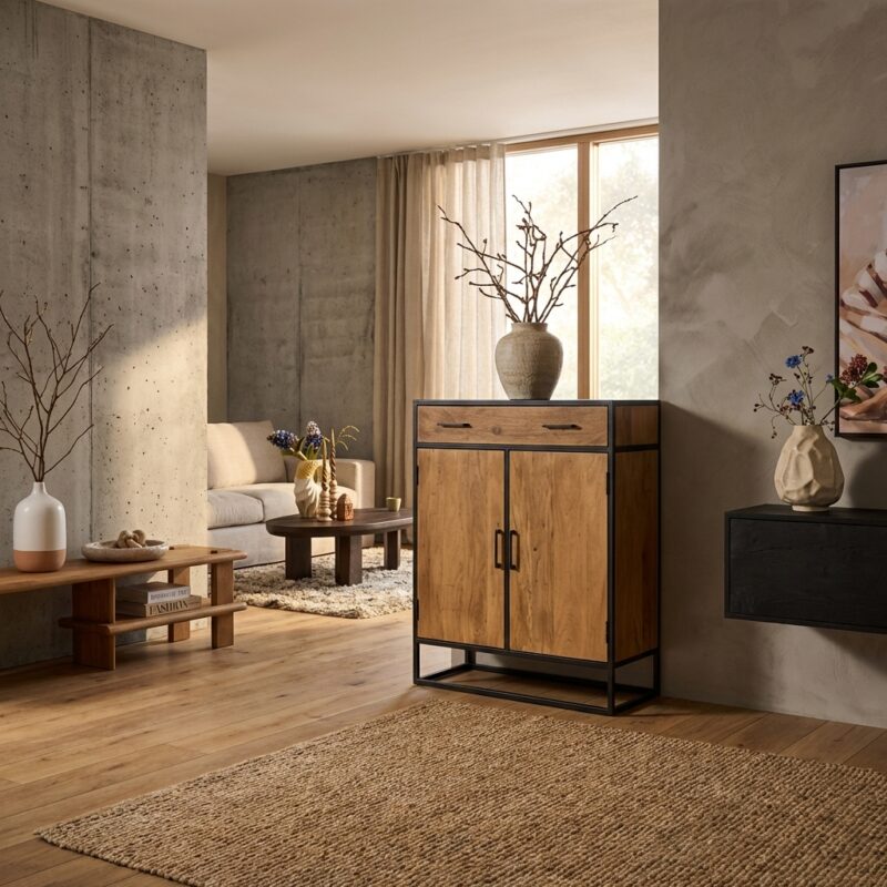 Kabinet kast Denver, massief mangohout, zwarte lak, woonserie