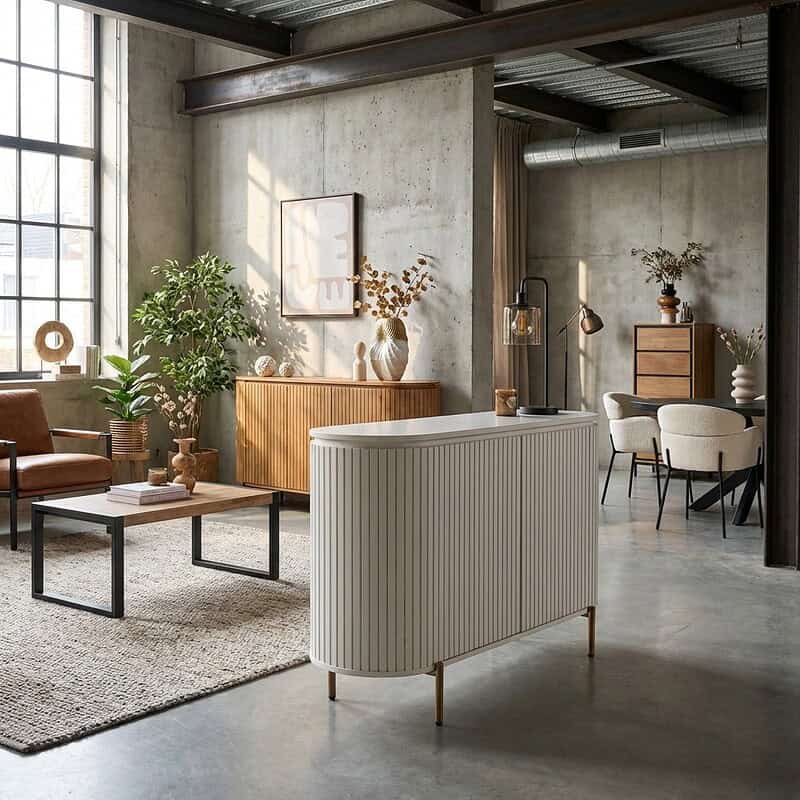 Modern industrieel interieur met Mokana meubels, inclusief een wit gestreept balie, houten dressoir en comfortabele zitplaatsen in een loftstijl.