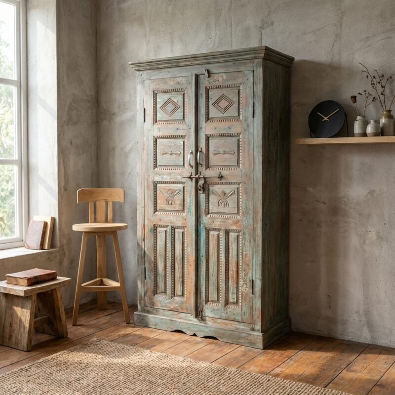 Antieke Indiaanse houten kast in groen met diepe glans