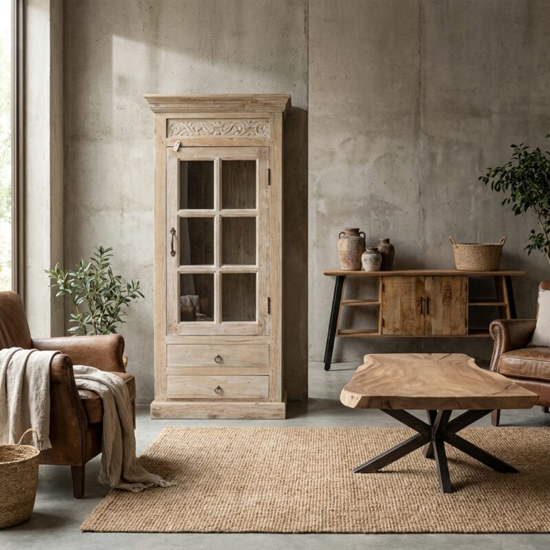 Unieke antieke Indiase kast in bruin hout met klassieke stijl