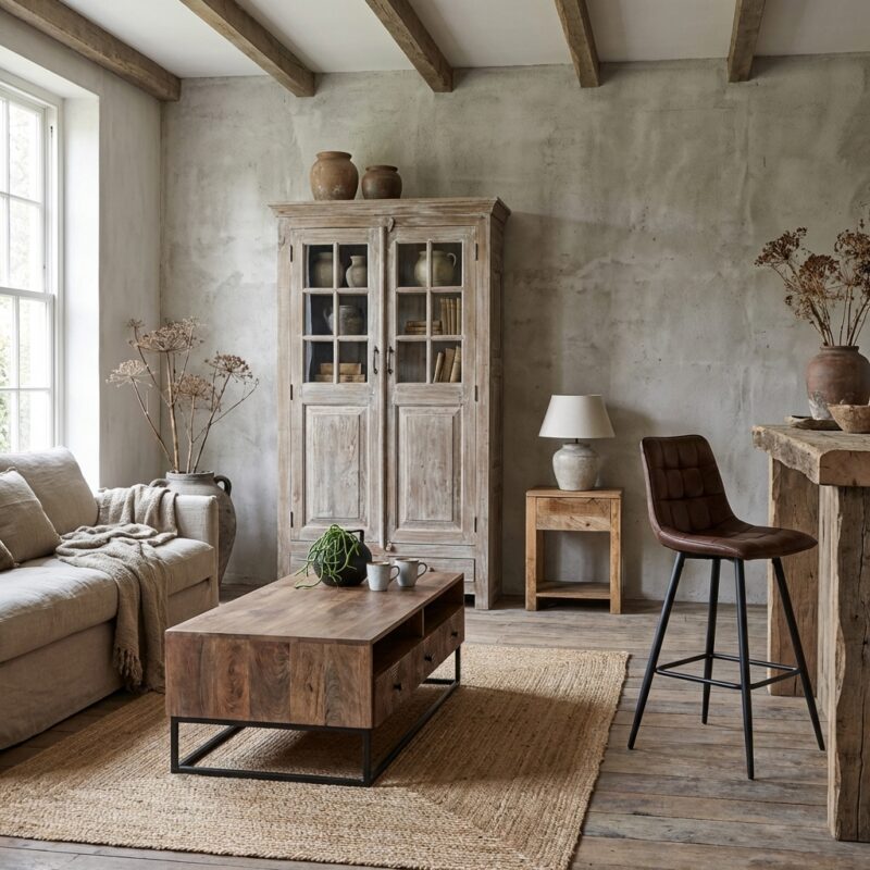 Unieke antieke Indiase kast met meerkleurig hout en glazen deuren