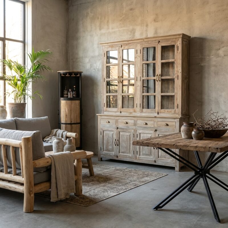 Unieke antieke Indiase kast met glasdeuren in meerkleurig hout