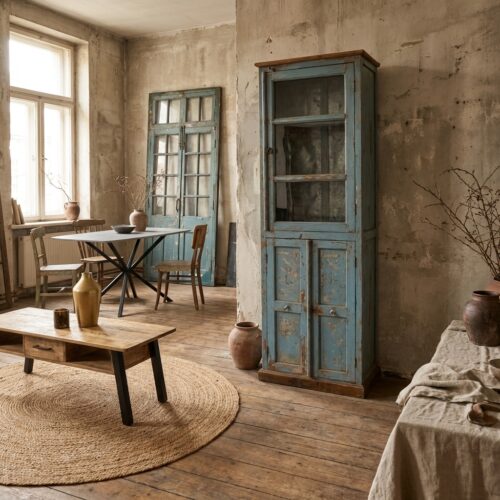 Unieke antieke Indiase kast met blauwe deuren en glas