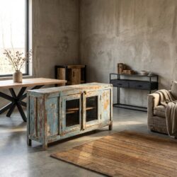 Unieke antieke Indiase blauwe kast met glasdeuren