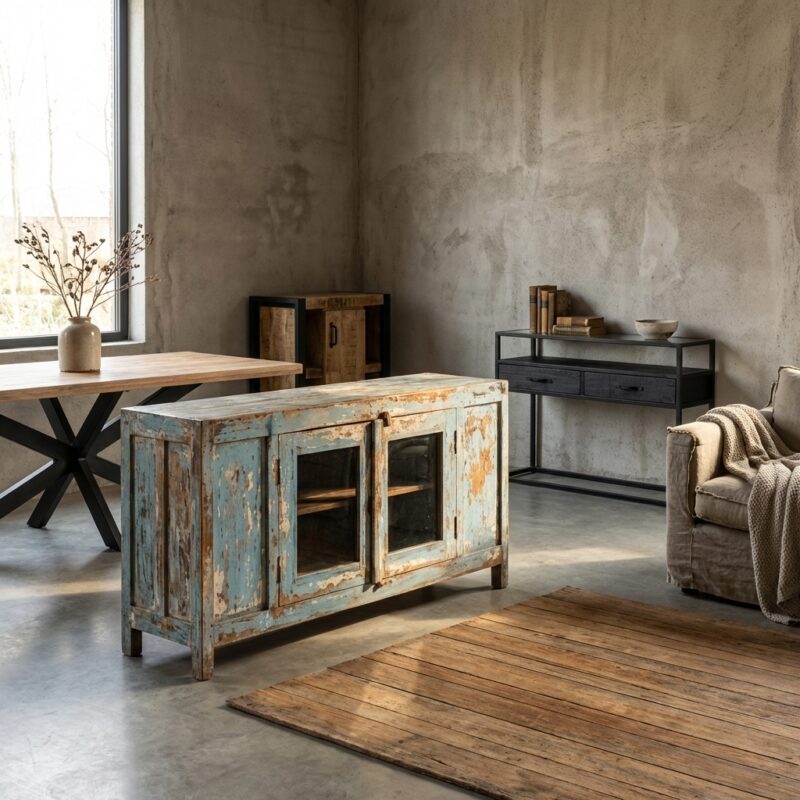 Unieke antieke Indiase blauwe kast met glasdeuren