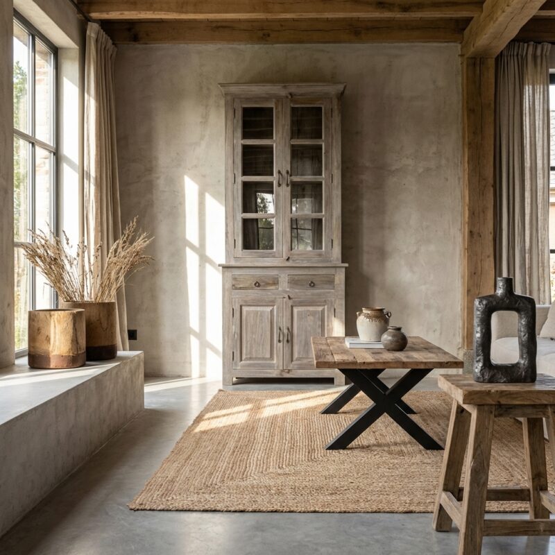 Unieke antieke Indiase kast met glasdeuren in natuurlijke bruine tint