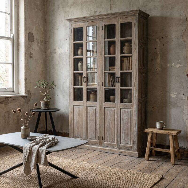 Antieke Indiase kast met glasdeuren in bruin