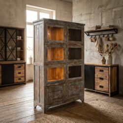 Unieke antieke Indiase vitrinekast met blauwe deuren en glas