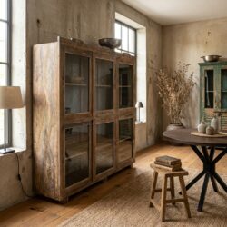 Unieke antieke Indiase kast met meerkleurig hout en glasdeuren