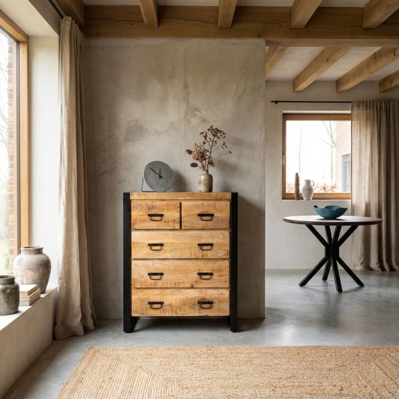 Ladekast Britt 105, houtkleur, mango hout en staal met poedercoat, modern design